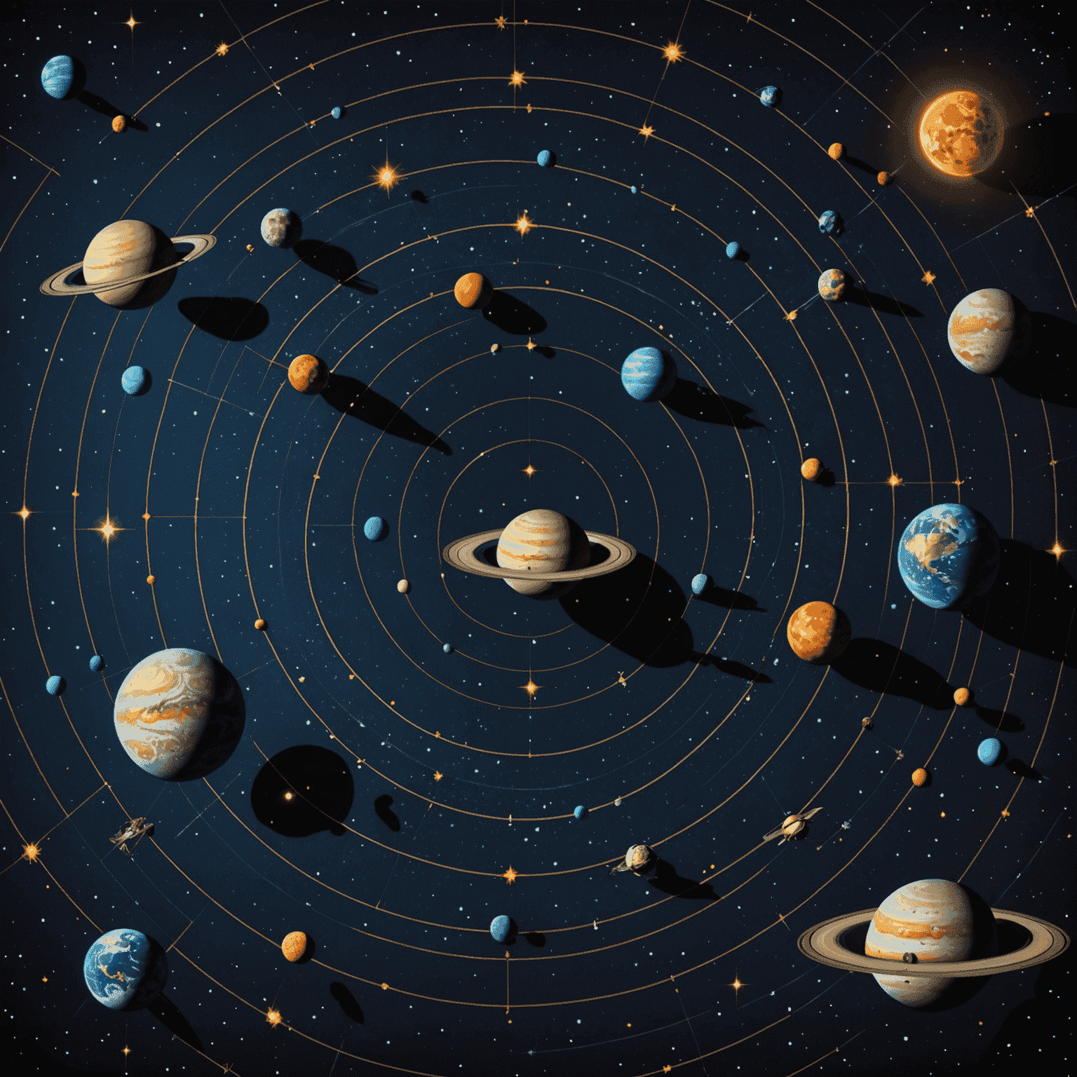 Imagen de planetas alineados sobre un fondo de constelaciones, simbolizando la influencia cósmica en la carrera profesional